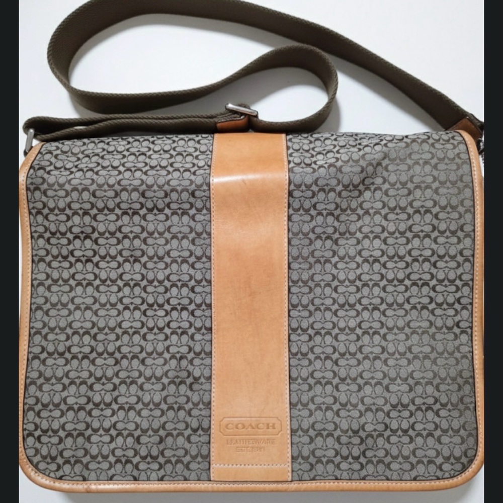 Coach Men's Olive and Tan Signature Messenger Bag - Picture 2 of 16